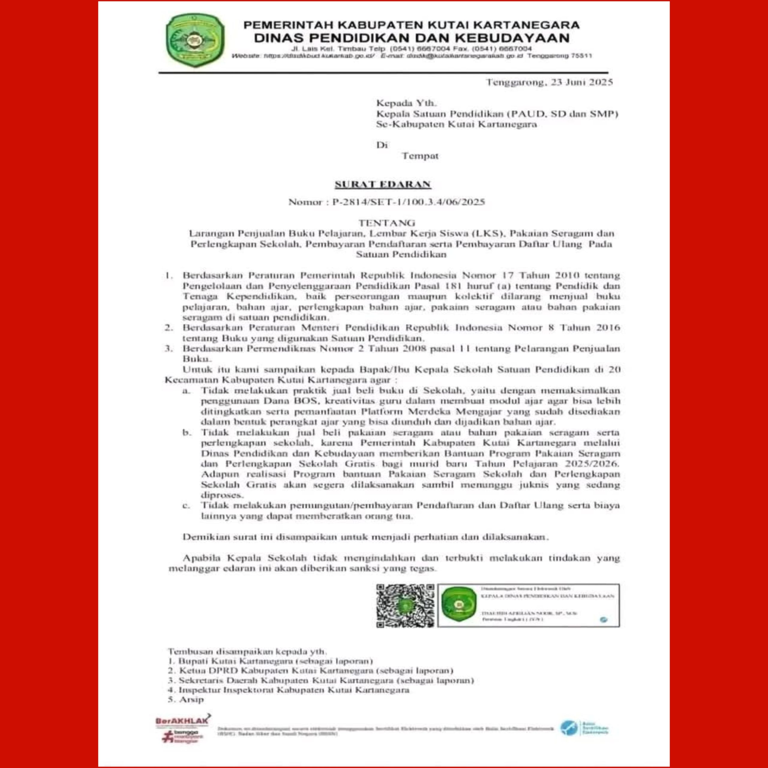 Surat edaran larangan penjualan buku dan seragam sekolah Kutai Kartanegara 2025