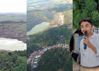 Pemukiman warga Dusun Tani Jaya di Desa Batuah, Kukar, tampak dari udara berada dekat dengan area tambang PT BSSR yang diduga jadi penyebab longsor. Tampak juga Ketua Pemuda Tani Jaya Bersatu, Andi Muhd Alhafiz Syahdiana.