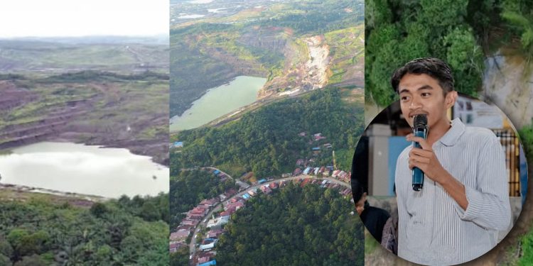 Pemukiman warga Dusun Tani Jaya di Desa Batuah, Kukar, tampak dari udara berada dekat dengan area tambang PT BSSR yang diduga jadi penyebab longsor. Tampak juga Ketua Pemuda Tani Jaya Bersatu, Andi Muhd Alhafiz Syahdiana.