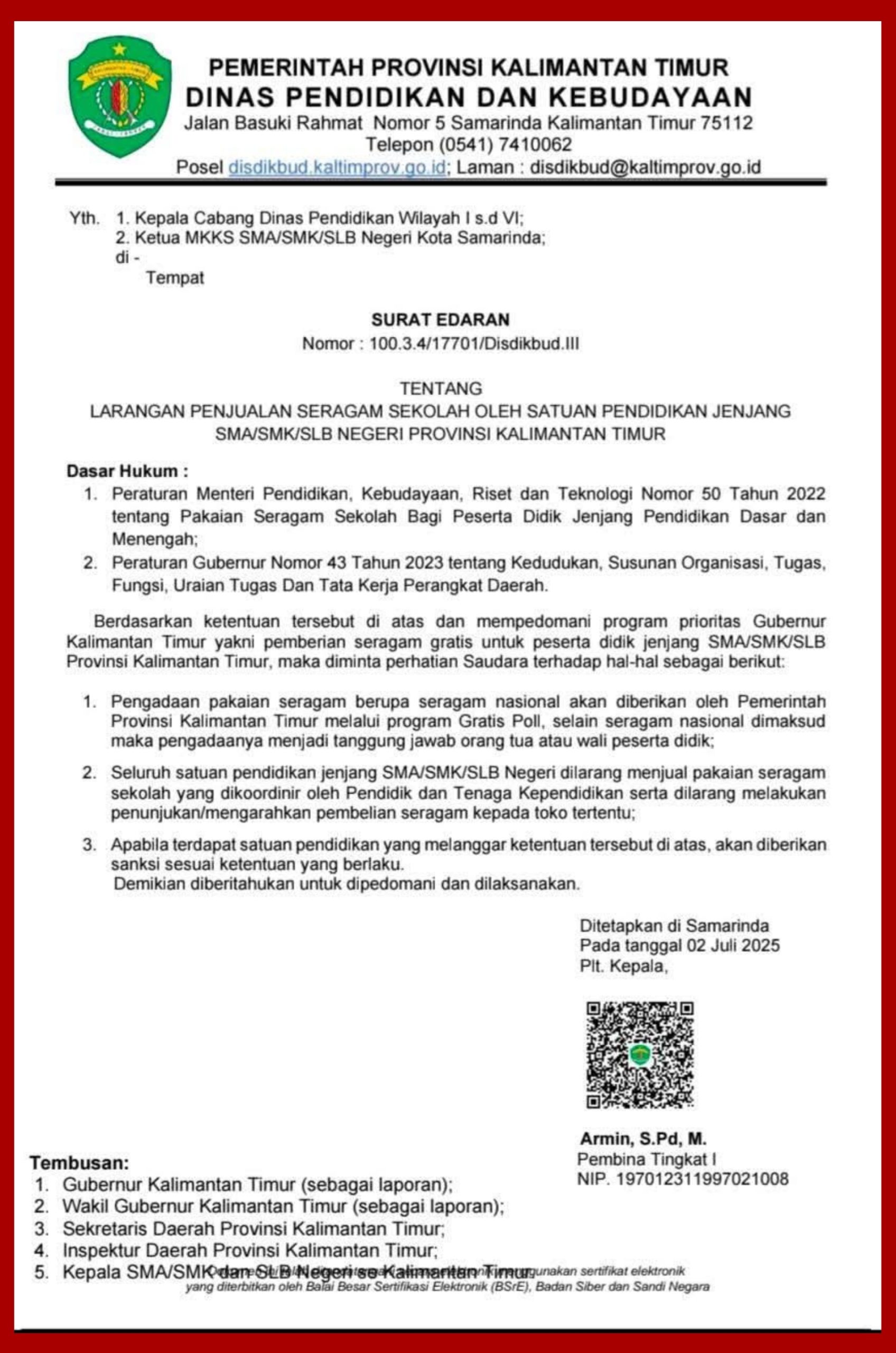 Surat Edaran Disdikbud Kaltim Larangan Penjualan Seragam Sekolah