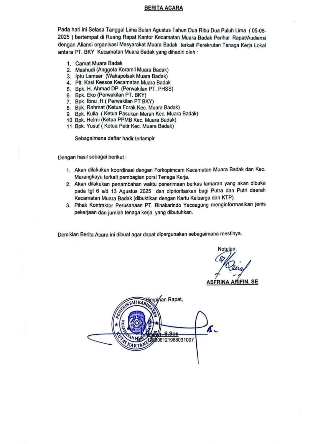 Berita Acara Hasil Audiensi Rekrutmen PT BKY di Kantor Camat Muara Badak, 5 Agustus 2025
