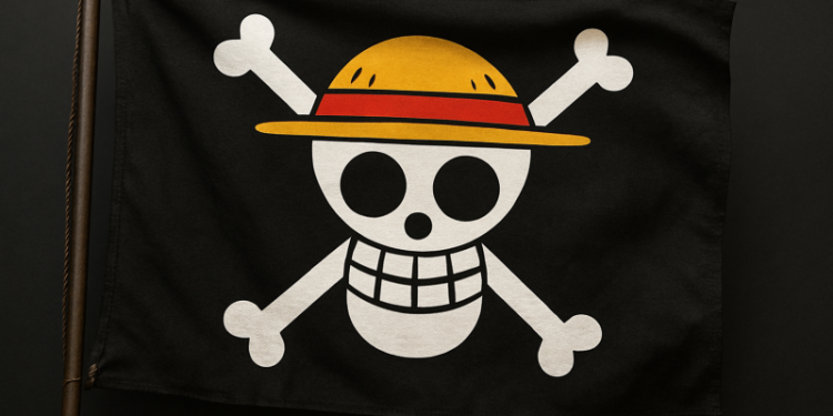 Bendera Jolly Roger Topi Jerami dari One Piece – tengkorak dengan topi jerami khas Luffy.