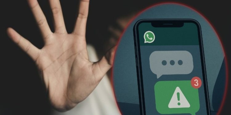 Ilustrasi smartphone menampilkan percakapan WhatsApp, menggambarkan intimidasi terhadap korban kasus pesantren